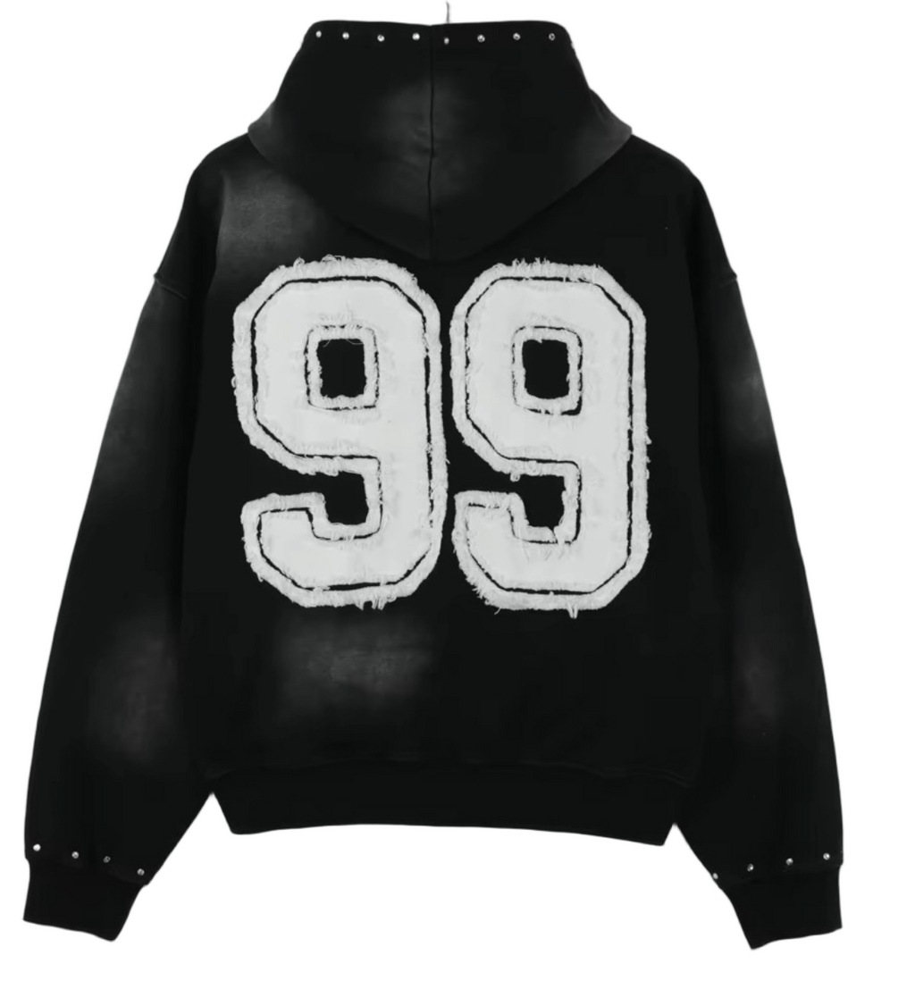 Black hoodie with large white number '99' on a white background