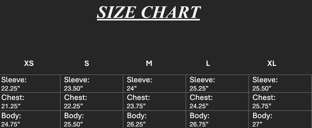 Size chart for clothing measurements on a black background

